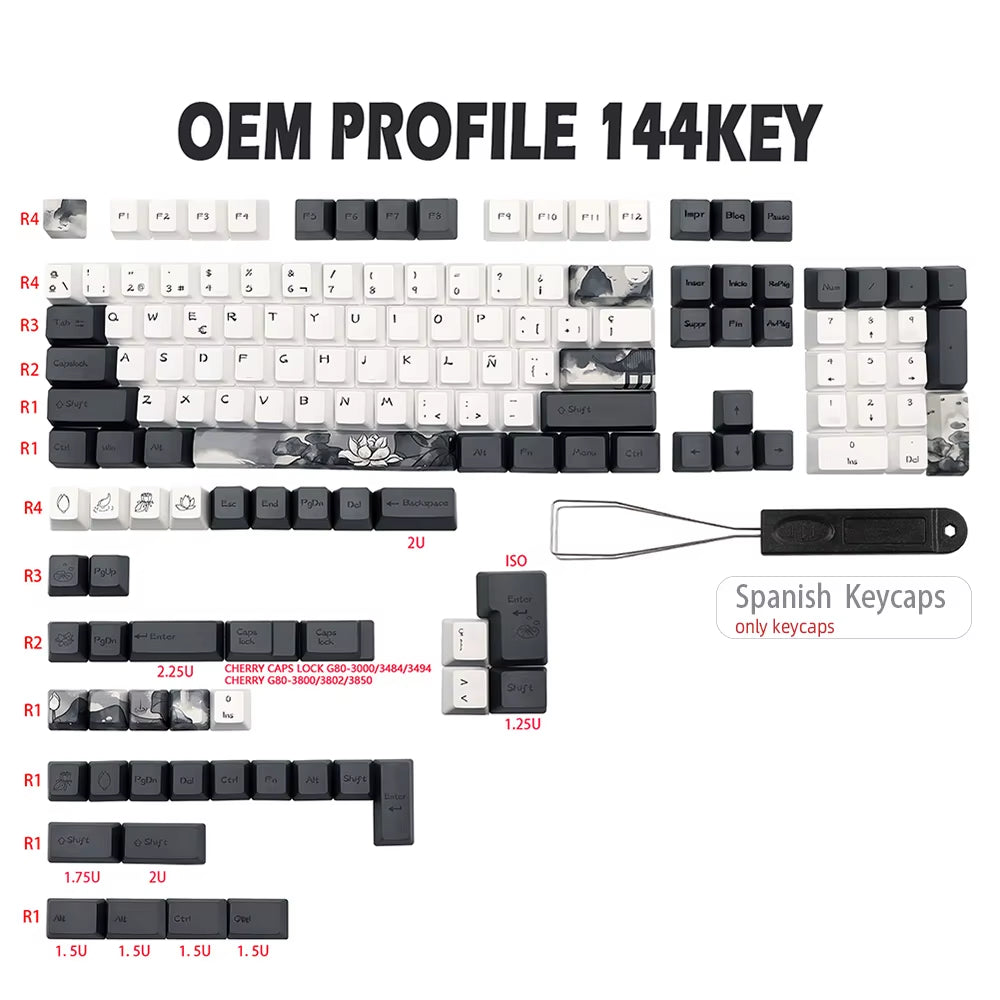 German French Spain Ink Lotus Pbt Keycap OEM Profile Dye Sub Keycaps for Gk61 Rk61 68 980 108 QWERTZ AZERTY MX Keyboard Key Caps